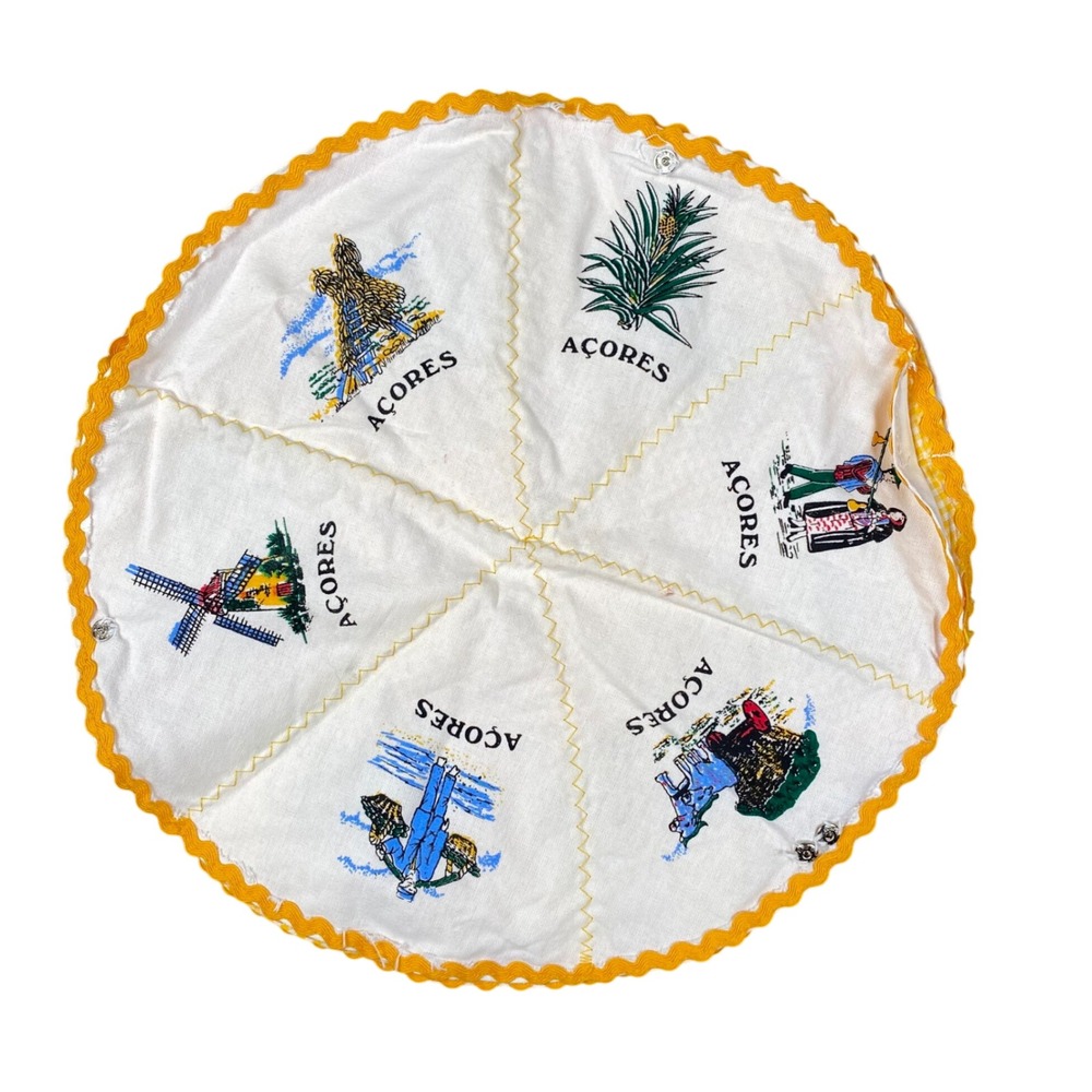 Vintage Azores Portugal Souvenir Bread Basket Liner Yellow Gingham Ric Rac 11.5"